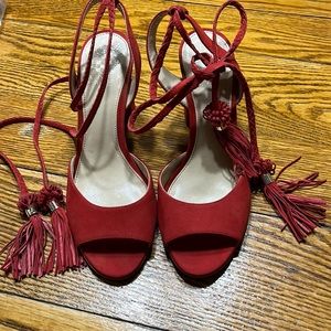 Vince Camuto red suede block heels, ties w/tassels at ankles.  Size 7.5.